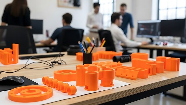 Orange 3 D Printed Parts on Table in Office with People Working