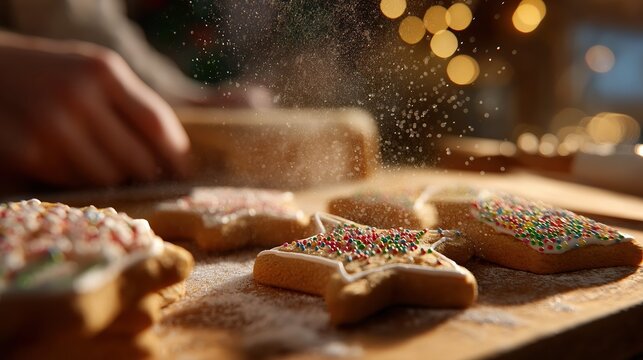 sugar cookies on Christmas Eve, colorful icing tubes in hand, sprinkles scattering across the table, warm kitchen lighting