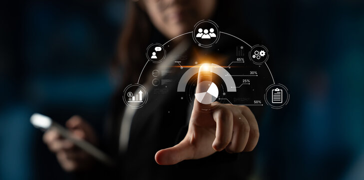 A project management dashboard displaying key performance indicators. The data visualization shows business intelligence metrics for workflow, team performance, and financial growth. Fermion