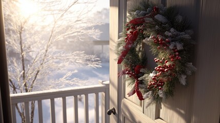 POV opening the front door on Christmas morning, fresh snow blanketing the porch, wreath decorated with red berries and ribbon