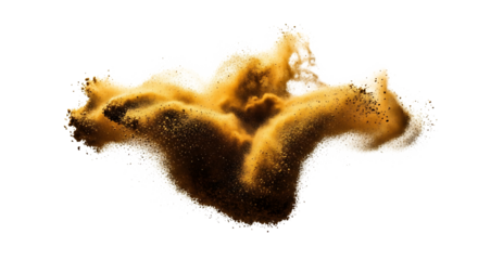 Golden sand particles, exploding and swirling with white outline, isolated on a transparent background, cutout, PNG