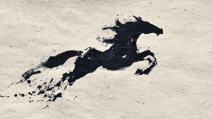 Dynamic black ink brush art of a powerful horse mid-stride on textured paper, capturing movement and energy with expressive splatters.