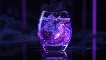 A mesmerizing glass holds a swirling purple galaxy, complete with sparkling stars, cosmic liquid mountains, and rising mystic steam on a dark, reflective surface.