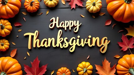 Happy Thanksgiving message displayed above an assortment of colorful pumpkins and squash with golden and red leaves on vintage dark wooden boards, moody lighting, holiday still life
