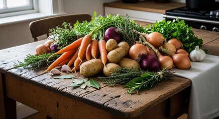 Fresh Harvest - A Bounty of Vegetables on Rustic Table.