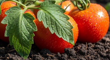 Fresh Tomatoes Growing in Garden Soil with Green Leaves.