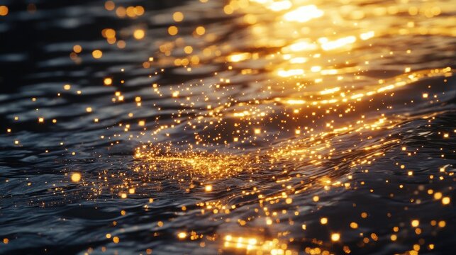 A surreal scene of softly flowing water patterned with golden sparkles created by the piercing light of a low sun blending with the silver current beneath