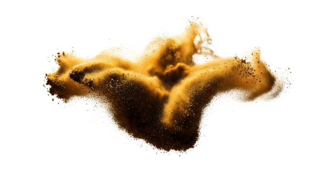 Golden sand particles, exploding and swirling with white outline, isolated on a transparent background, cutout, PNG