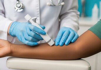 Close up of a positive result on a rapid lateral flow test strip showing two pink lines for control and test area, isolated on white background
