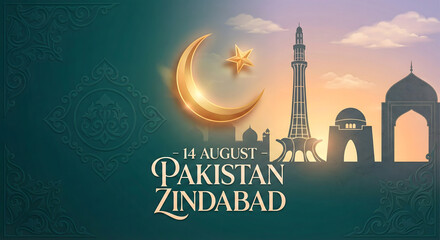 Pakistan independence day celebration with crescent moon minaret and celebratory text