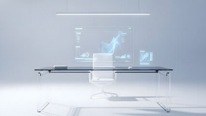 Fototapeta premium Minimalist office setup with transparent screen glass desk and white chair modern future technology workspace