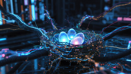 A glowing wire nest holds luminous digital eggs on a circuit board, symbolizing AI, data, and technological genesis.