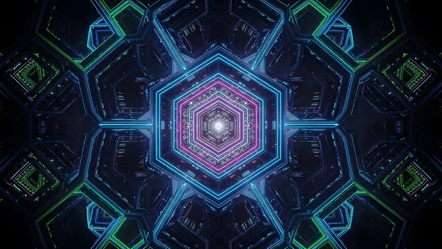 Abstract tunnel neon lights background futuristic design geometric shapes glow effect modern art wallpaper pattern - Powered by Adobe