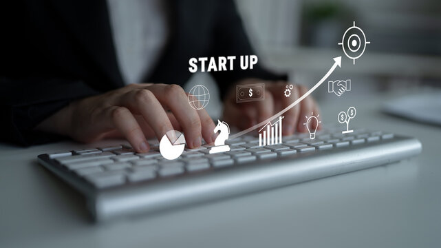 A business start up growth strategy from idea to success. The process of funding, planning, and partnership to reach global market targets. Motif