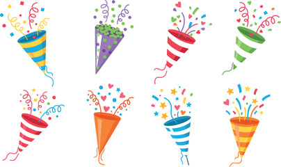 Collection of eight colorful vector party poppers and confetti cannons exploding with stars, hearts, and streamers, perfect for representing celebration, holidays, New Year, birthdays, and fun events
