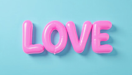 Bright pink inflatable 'LOVE' letters float against a vibrant blue background, conveying a cheerful, romantic, and playful message of affection and joy.