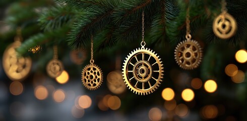 steampunk mechanical gears and cogs hanging from the branches of an evergreen christmas tree with bokeh lights in the background.