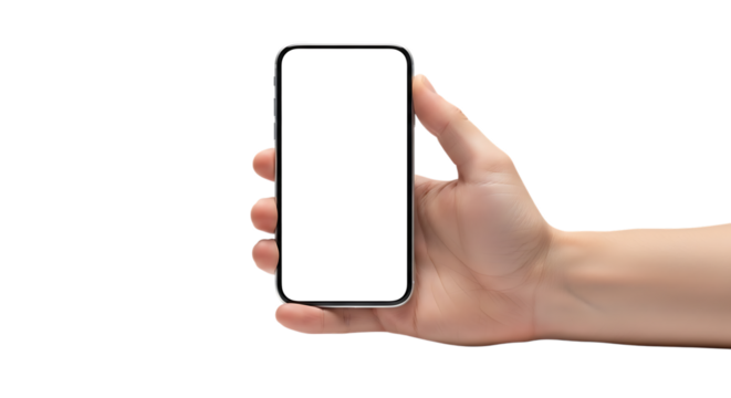 Hand, holding a modern smartphone with a blank white screen, isolated on a transparent background, cutout, PNG