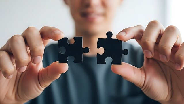 Man Holds Two Black Puzzle Pieces Ready to Connect Together