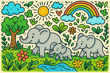 Surreal Colorful Dreamscape Featuring Elephants