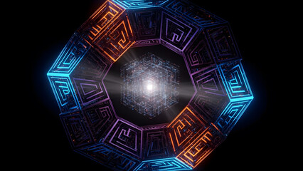 Abstract cube design futuristic technology background geometric shape neon light glow digital art render