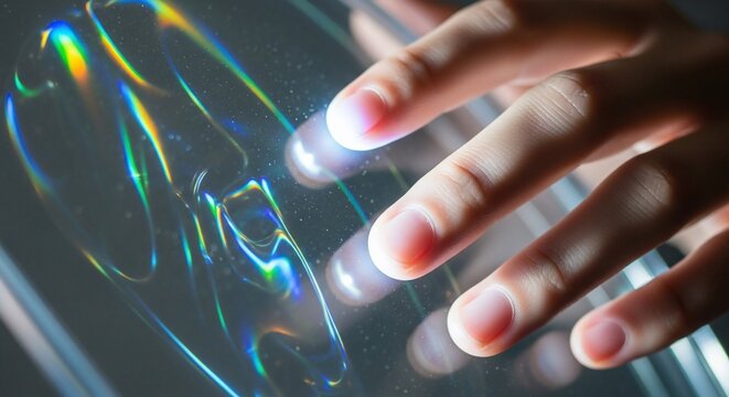 Hands interacting with a holographic display, creating light patterns.