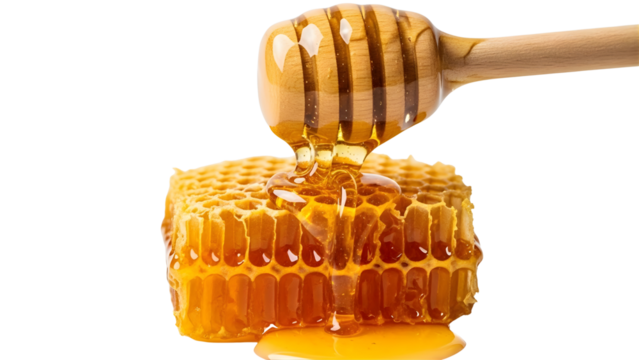 Golden honey dripping from a wooden dipper onto a textured honeycomb piece, isolated on a transparent background