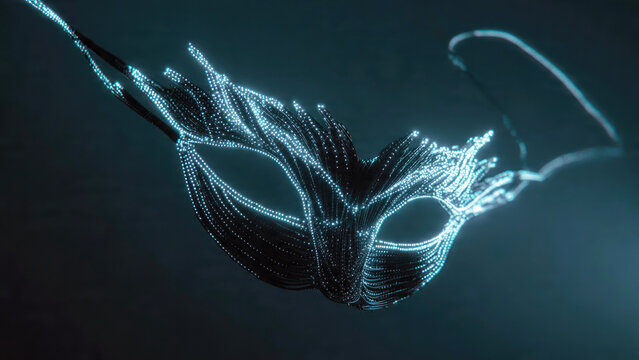 A luminous, digital masquerade mask crafted from interconnected glowing blue particles, suspended against a dark, mysterious background, blending technology with elegance.
