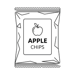 Black and white line drawing of a bag of apple chips with a simple apple icon