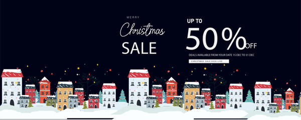 merry christmas sale offer banner with winter night christmas cozy town 