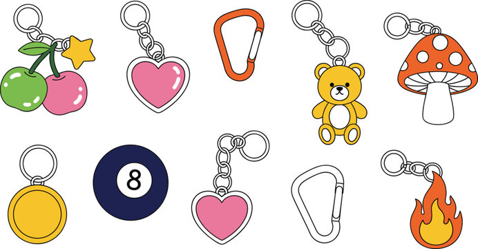 Fun and colorful cartoon keychain vector set featuring hearts, cherries, teddy bear, mushroom, 8-ball, flame, and carabiner clip designs for accessories, personal belongings, and gift concepts.