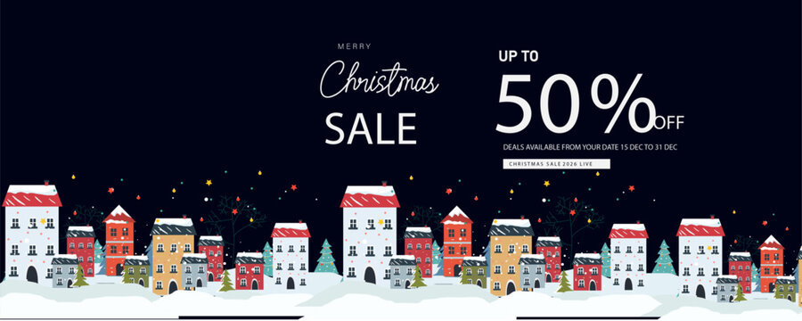 merry christmas sale offer banner with winter night christmas cozy town 