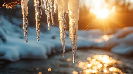 Close-up shot of softly dripping icicles melting in direct sunlight