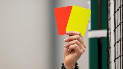 Close-up of hand holding red and yellow cards for sports officiating
