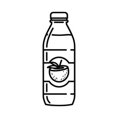 Hand drawn line art illustration of a bottle of coconut water with a coconut label