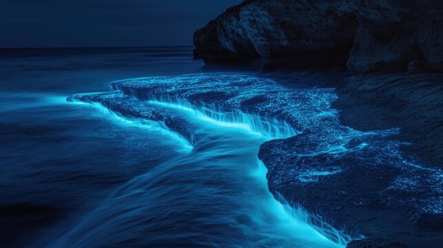Bioluminescent water glowing as bright rivulets stream over a rocky ledge at night