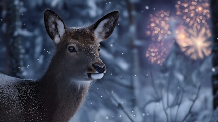 Wild deer standing frozen in a snowy forest while colorful fireworks burst above the treetops, ears raised in alarm