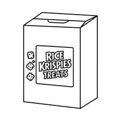 Black and white line drawing of a rice krispies treats cereal box