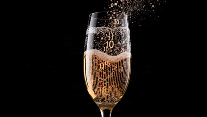 Digital celebration: A champagne glass sparkling with binary code, where zeros and ones form the effervescent liquid and rising bubbles.