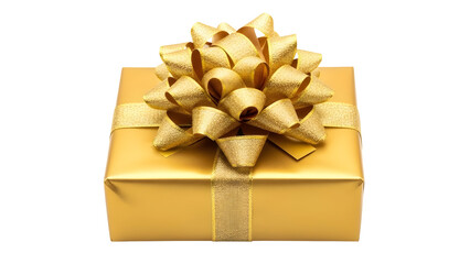 Elegant golden gift box with large bow on black background