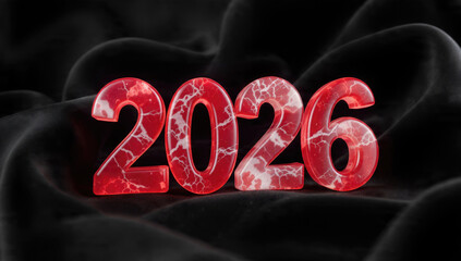 The year 2026 is displayed in striking red, translucent numbers with a crackle effect, set against a luxurious dark, draped fabric background.