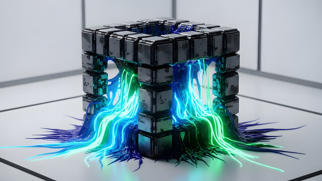 Abstract cube energy flow digital art futuristic design glowing lines technology background render concept - Powered by Adobe