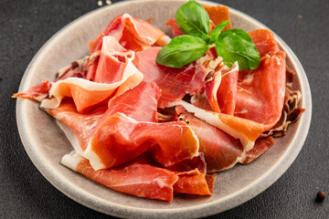 jamon serrano meat appetizer jamon iberico natural product tasty snack fresh delicious gourmet food background on the table rustic top view copy space