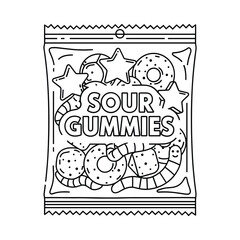 Black and white line art illustration of a bag of sour gummy candies with various shapes