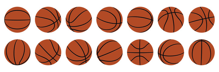 Set of orange basketball balls from different angles. Flat vector illustration isolated on a white background.