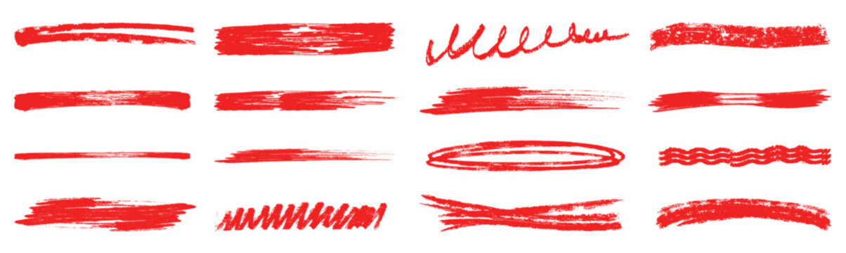 Hand drawn Brush texture red stroke underline highlight color. Marker red pen highlight stroke.  brush underline element set for accent, crayon texture emphasis effect. Chalk vector illustration