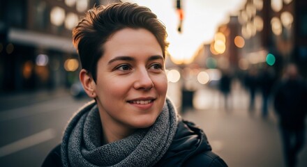 Smiling Woman with Short Hair in City Street.