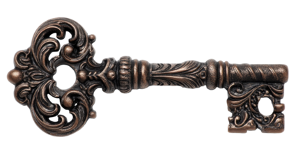 Ornate antique key with intricate vintage detailing and elegant metal craftsmanship displayed clearly in refined view on white background
