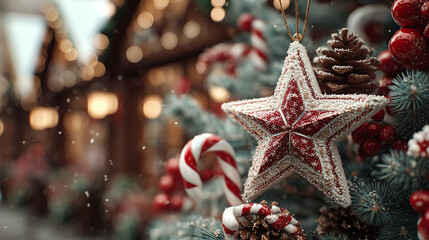 A close up of christmas ornaments and candy canes on a christmas tree