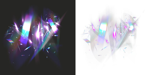 Iridescent crystal light leak PNG with neon prism streaks, rainbow glare and sharp refracted shards. Futuristic glowing holographic effect for abstract overlays on dark or transparent backgrounds.